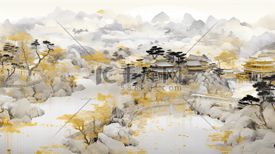 黑金中国风山水风景传统建筑插画4