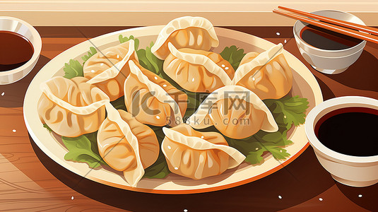 桌子上的美食插画图片_桌子上的一盘饺子插画设计