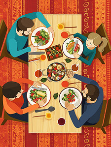一家人围着桌子吃饭9矢量插画
