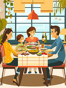 一家人围着桌子吃饭2矢量插画