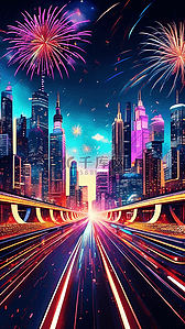 新年城市街道高架桥焰火夜景天际线过年图片