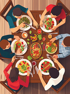 一家人围着桌子吃饭4插画图片