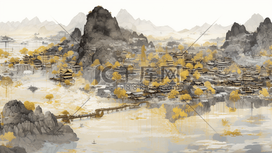 黑金中国风山水风景传统建筑插画11