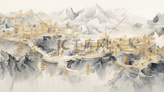 黑金星期五插画图片_黑金中国风山水风景传统建筑插画3