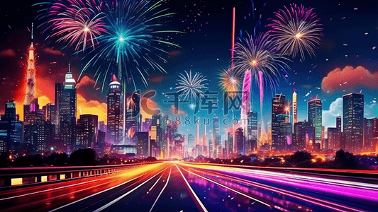 新年城市街道高架桥焰火夜景天际线过年素材