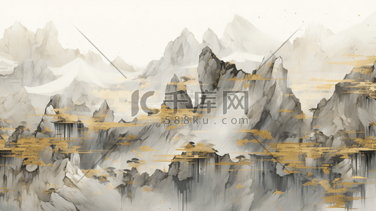 黑金中国风山水风景传统建筑插画6