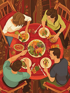 狗围着人转插画图片_一家人围着桌子吃饭1插画图片