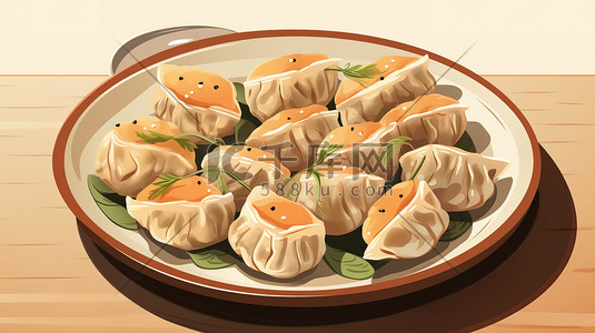 桌子上的美食插画图片_桌子上的一盘饺子矢量插画
