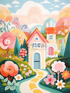 春天色彩鲜艳的村庄插画