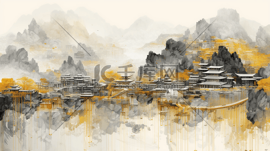 黑金中国风山水风景传统建筑插画13