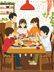 一家人围着桌子吃饭5插画图片