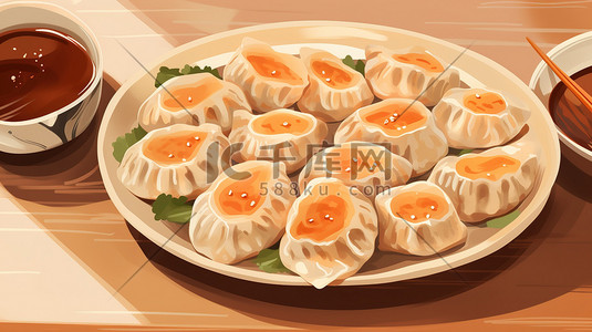 桌子上的一盘饺子插画设计