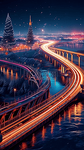 焰火插画图片_新年城市街道高架桥焰火夜景天际线过年插画图片