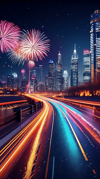 新年城市街道高架桥焰火夜景天际线过年插画素材