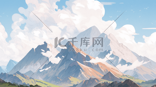 蓝色手绘水彩质感高山风景插画9