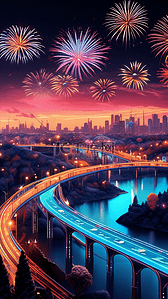 新年城市街道高架桥焰火夜景天际线过年插画海报