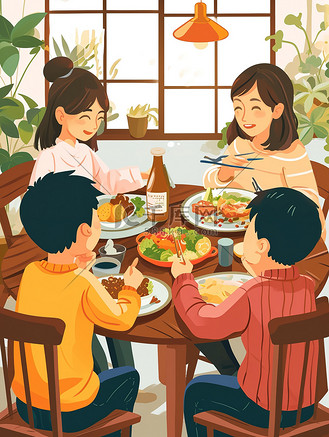 一家人围着桌子吃饭10矢量插画
