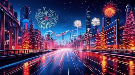 焰火插画图片_新年城市街道高架桥焰火夜景天际线过年图片