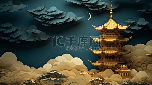 中国文化海报设计插画图片_中国风国潮纸艺古代建筑山水金色设计插画