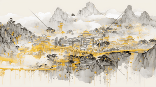 x展架黑金插画图片_黑金中国风山水风景传统建筑插画7