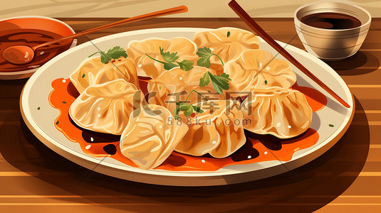 桌子上的一盘饺子图片
