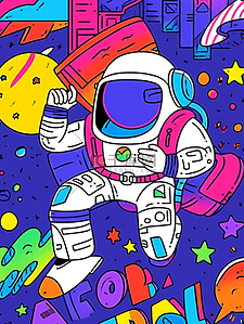 卡通手绘彩色宇航员宇宙星空插画11