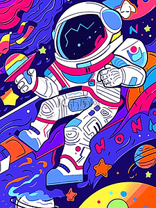 飞碟卡通插画图片_卡通手绘彩色宇航员宇宙星空插画24