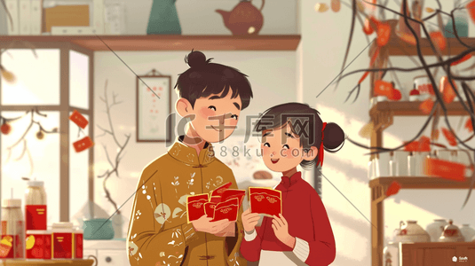 拆开微信红包插画图片_中国国风过大年发红包吉祥插画23