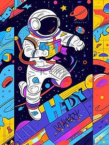 飞碟卡通插画图片_卡通手绘彩色宇航员宇宙星空插画22