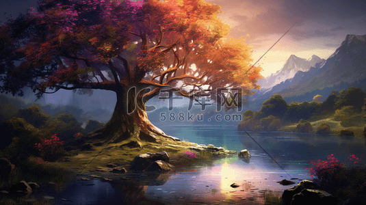 美丽的自然森林风光意境湖泊插画14