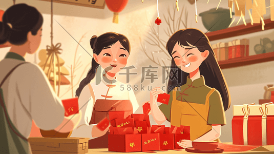 拆开微信红包插画图片_中国国风过大年发红包吉祥插画20