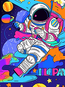 飞碟卡通插画图片_卡通手绘彩色宇航员宇宙星空插画17