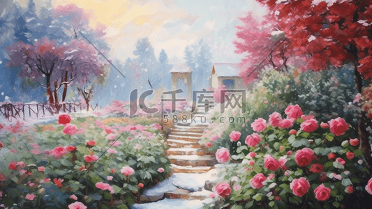 玫瑰月季花卉户外自然风景唯美花园插画图片