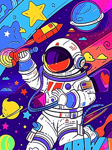 卡通手绘彩色宇航员宇宙星空插画1