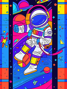 飞碟卡通插画图片_卡通手绘彩色宇航员宇宙星空插画7