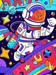 飞碟卡通插画图片_卡通手绘彩色宇航员宇宙星空插画12