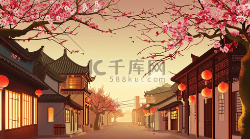 中国古代古建筑街道插画6