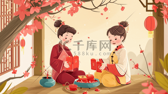 中国国风过大年发红包吉祥插画16