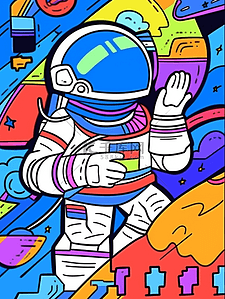 飞碟插画图片_卡通手绘彩色宇航员宇宙星空插画5