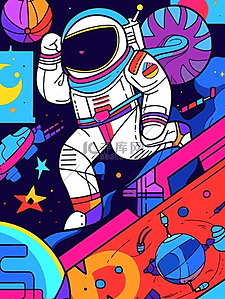 卡通手绘彩色宇航员宇宙星空插画19