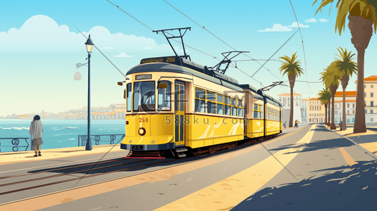 有轨电车车轮插画图片_行进在轨道上的黄色电车插画6