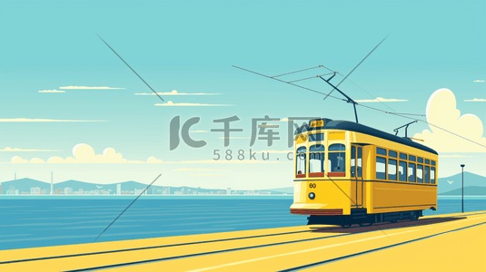 行进在轨道上的黄色电车插画23