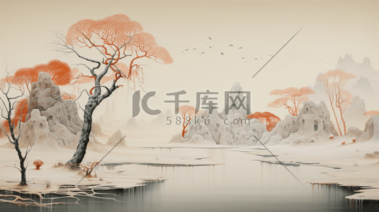 山水画大雁插画图片_中国风群山连绵的山峰插画21