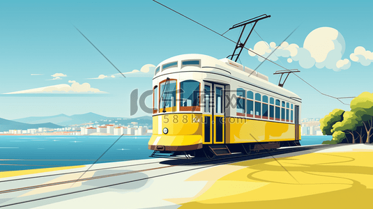 骑电车人插画图片_行进在轨道上的黄色电车插画2