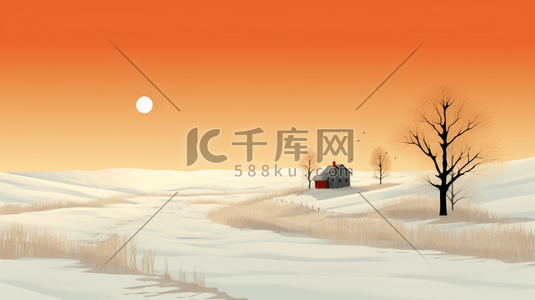 橘色系插画图片_橘色系冰天雪地里的山川原野插画3