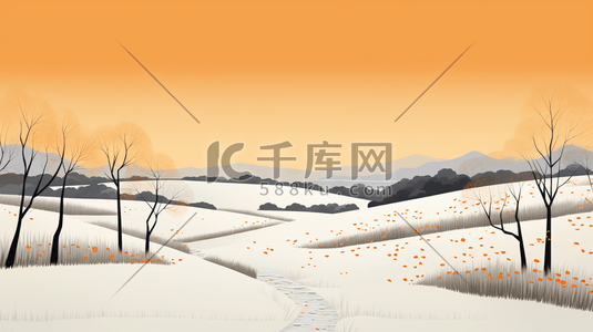 橘色系插画图片_橘色系冰天雪地里的山川原野插画5