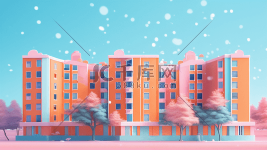 公寓的集合插画图片_可爱粉彩建筑公寓冬天街道户外城市插画图片