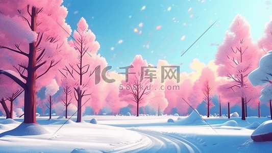 可爱粉彩冬天风景草地森林公园户外景观天空插画图片
