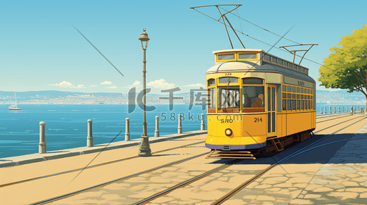 电车插画图片_行进在轨道上的黄色电车插画9