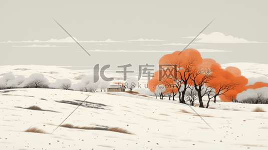 橘色系插画图片_橘色系冰天雪地里的山川原野插画2